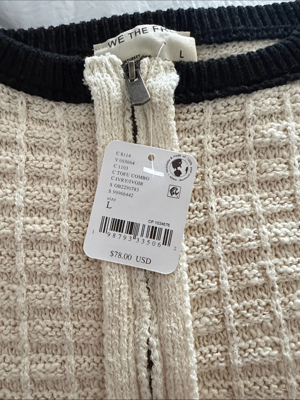 Free People Cream Waffle-Knit Zip Crop Tank with Black Trim